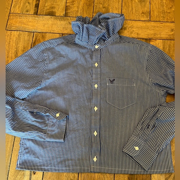 Handmade Tops - Woman’s Up-Cycled Ruffle Collar Blue Striped Button-Down Shirt with Pocket